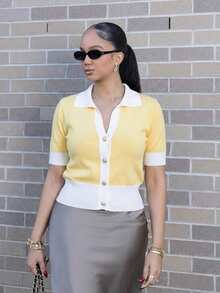 Melissa Matos 全新夏季柔软韩版休闲办公室百搭女士马球领针织上衣 - 鵝黃色 - 查看 6