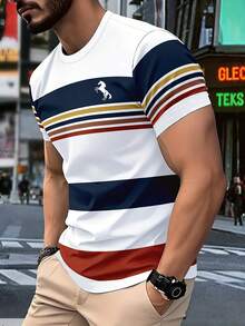 Manfinity Dauomo 新款夏季男士宽松短袖衬衫，休闲百搭风格，经典条纹印花设计，优雅百搭，日常穿着 - 彩色 - 查看 4