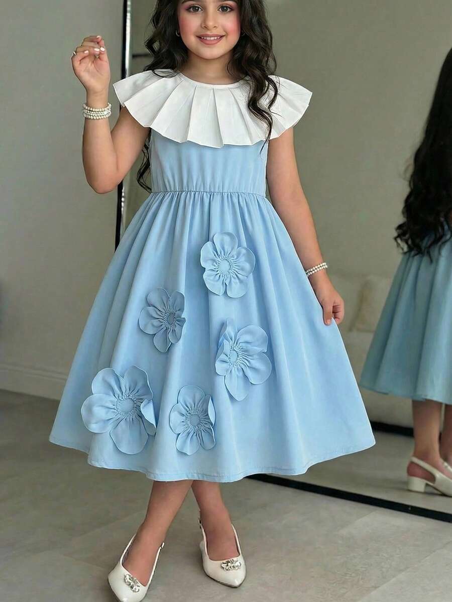 SHEIN Vestido holgado con volantes en el bajo y contraste de color tejido, adecuado para primavera y verano para niña joven - Azul - Ver 1