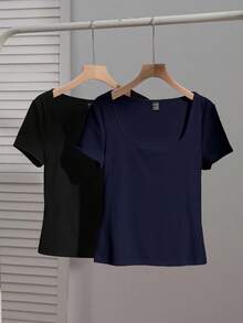 SHEIN EZwear 两件套女士方领短袖休闲修身性感T恤，黑色和藏青色，适合夏季穿着。 - 彩色 - 查看 7