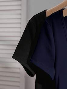 SHEIN EZwear 两件套女士方领短袖休闲修身性感T恤，黑色和藏青色，适合夏季穿着。 - 彩色 - 查看 3