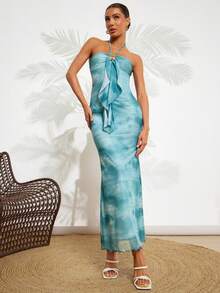 Amorya Light Blue And White,Summer,Casual,Vacation,Holiday Knitted Mesh Fabric Gradient Slim Fit Hanging Neck Metal Buckle Decoration Fish Tail Long Dress - Multicolor - View 5