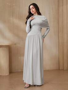 Graceveil Robe élégante de soirée pour femmes, couleur unie, drapée. Robe élégante et classique avec manches longues. Robe de cérémonie pour invitée de mariage. Robe de soirée élégante et classique pour femmes. Robe longue d'hiver élégante et habillée pour femmes. - Gris pâle - Voir 2