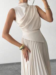 SHEIN Teen Girls' Elegant Ruched Asymmetrical Waist Dress, Apricot Color, Spring/Summer - Apricot - View 7