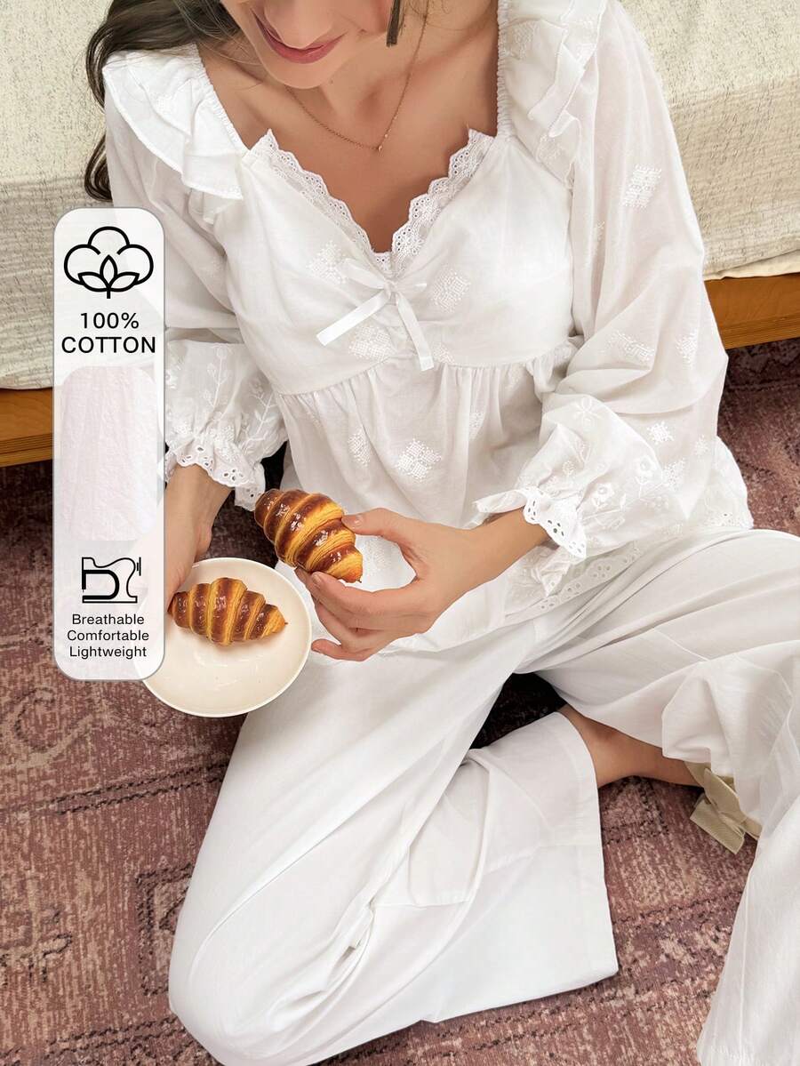 DAZY Conjunto de pijama de mujer con volantes bordados en blanco dulce - Blanco - Ver 1