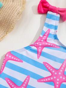SHEIN Playful Pals 海星藍白條紋彈性梭織印花布料，適合年輕女孩海灘、游泳、度假用一件式泳衣 - 彩色 - 查看 3