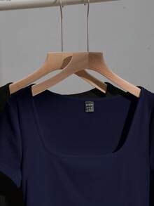 SHEIN EZwear 两件套女士方领短袖休闲修身性感T恤，黑色和藏青色，适合夏季穿着。 - 彩色 - 查看 6