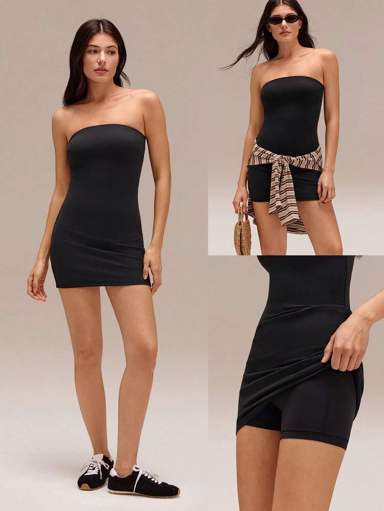Lounge & Play Seamless Sweat-Wicking Quick-Drying Sun Protection Removable Cups Built-In Shaping Shorts Tummy Control Butt-Lifting Strapless Dress Daily Casual Wear