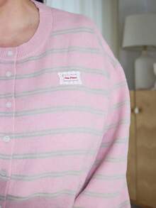 Pretty and Ole Cute Knitted Striped Loose Cardigan, Casual Sweater For Girls, Plus Size Women, Autumn/Winter - Pink - View 3