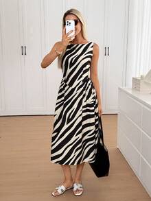 Easowa Casual Sleeveless Zebra Print Dress For Summer Leopard Print  Office Wear For Women  Vacation Outfits Women  Casual Dresses For Women Elegant Dress For Women - Black and White - View 1