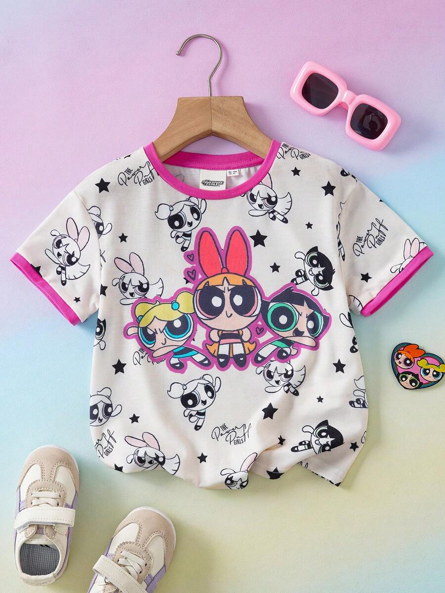 THE POWERPUFF GIRLS X SHEIN 女童休闲卡通印花短袖T恤，夏季 - 彩色 - 查看 1