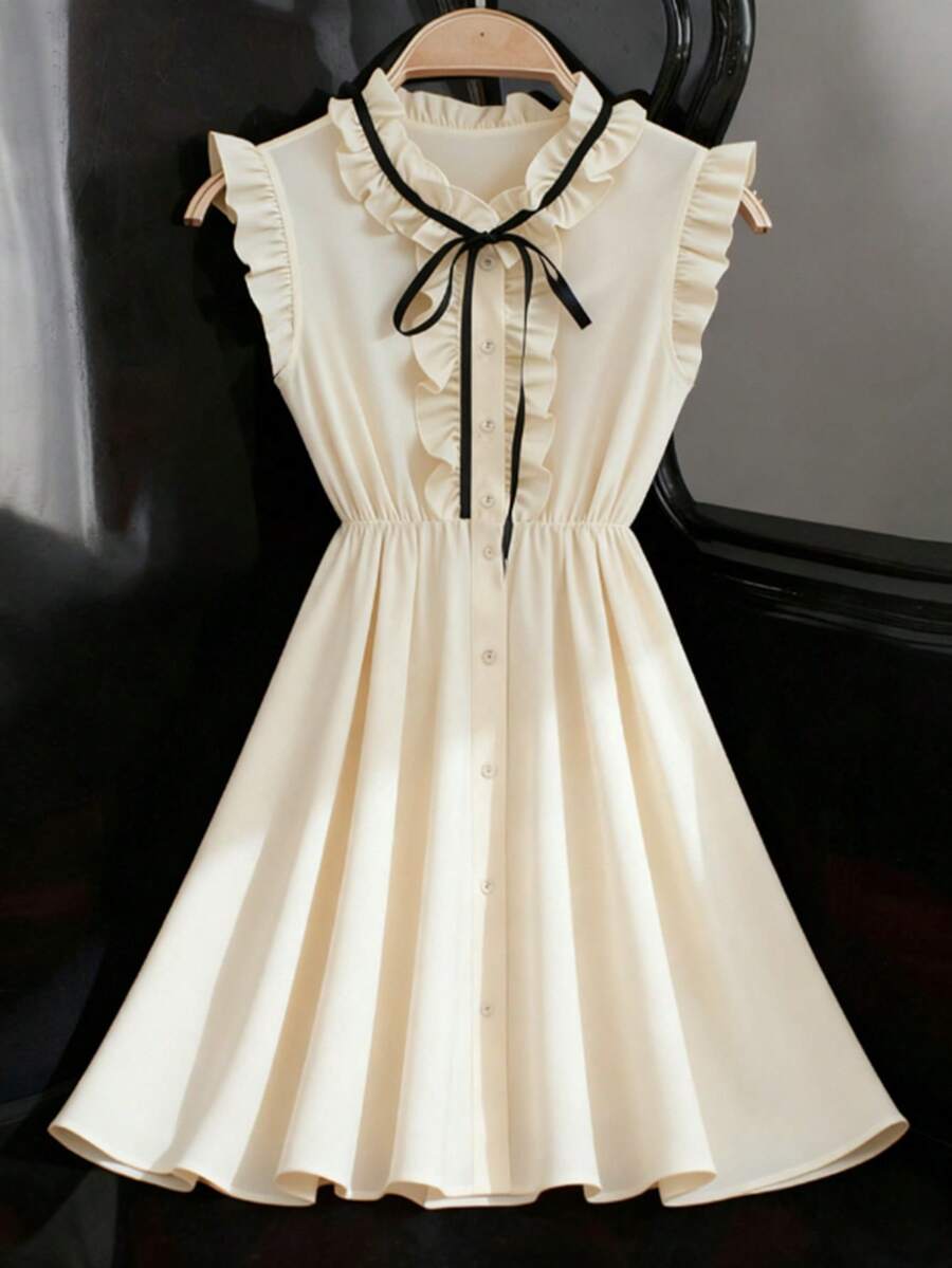 Franclia 女士无袖荷叶边黑色丝带蝴蝶结腰部A字中长优雅连衣裙 - 杏色 - 查看 1