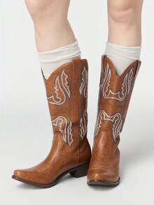 ROMWE Fairycore 2025 Botas de Cowboy Bordadas Ocidentais Retrô do Interior Britânico, Botas de Outono para Mulheres - Castanho - Visão 3