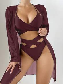 Swim Basics Bộ bikini gợi cảm màu trơn dành cho nữ, kiểu đan chéo, kèm áo khoác kimono, thích hợp cho mùa hè đi biển. - Màu Đỏ Sâu - Xem 1
