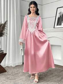 SHEIN 青少年女孩編織粉色拼接印花休閒長版保守洋裝穆斯林女孩粉色長袍 - 粉色 - 查看 3