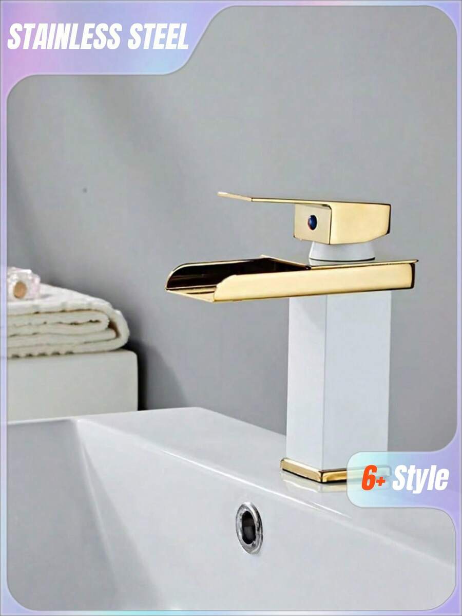1 Keran Air Terjun Wastafel dengan Aksesoris, Corong Lebar, Baja Tahan Karat dengan Finishing Mengkilap, Siku Persegi, Keran Wastafel Air Panas dan Dingin - MultiWarna - View 1