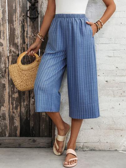 EMERY ROSE Women's Striped Elastic Waist Pocket Casual Versatile Daily Wear Wide Leg Capri Pants Casual Outfit For Women  Vacation Outfits For Women Beach Outfit For Women  Summer Clothes  Summer Outfit For Women
