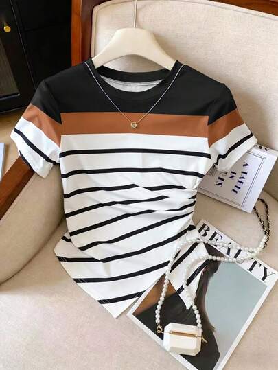 Resyla Camiseta ajustada y versátil de manga corta con cuello redondo y estampado de bloques de color, nueva llegada para primavera/verano para mujer