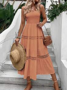 Breezaya Vestido de vacaciones sin tirantes de unicolor para mujer - Naranja Quemada - Ver 3