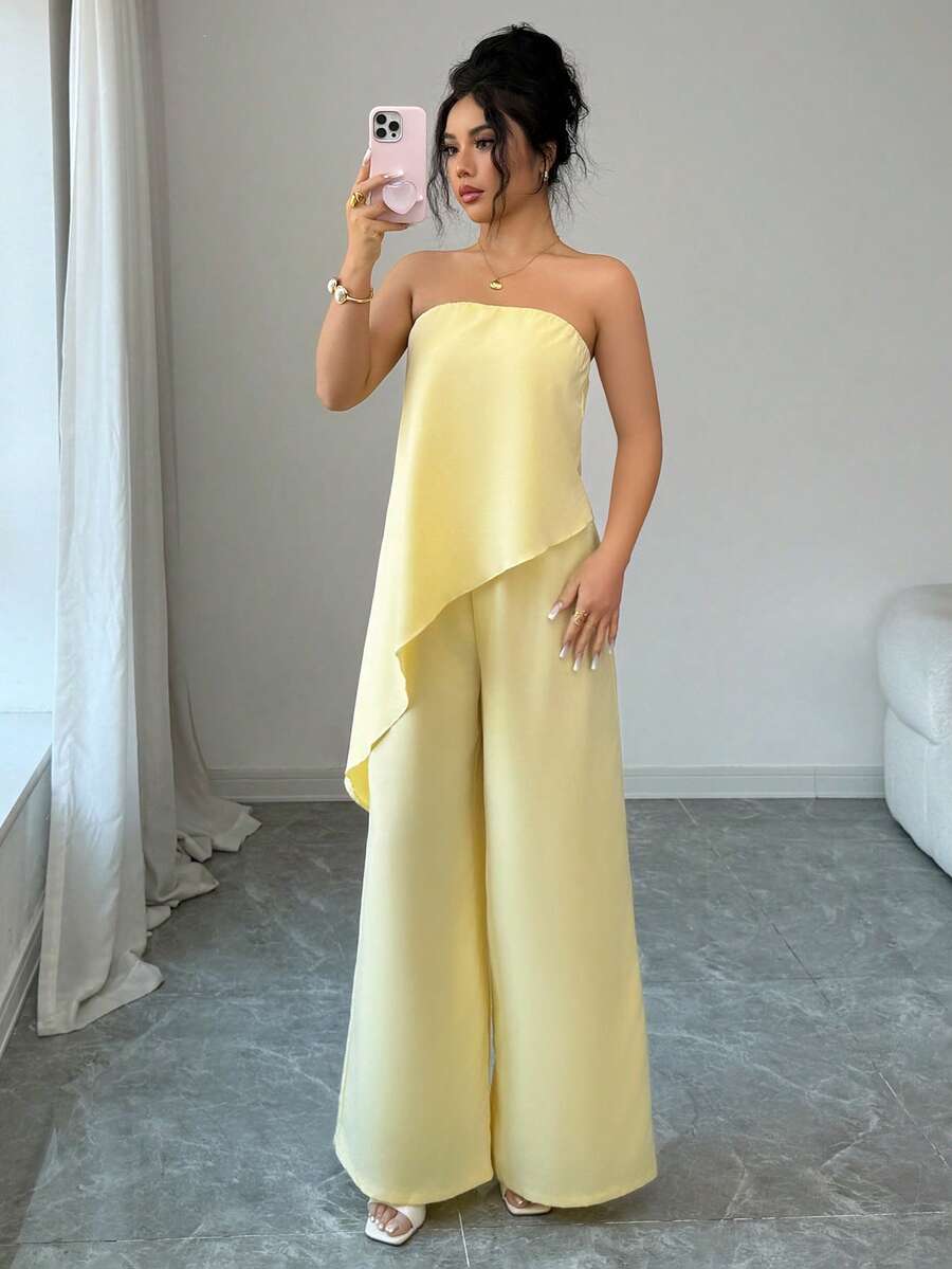 Rafferiza 女士休闲度假约会装扮，浅黄色无肩带不对称下摆宽松连体裤，春夏款 - 黃色 - 查看 1