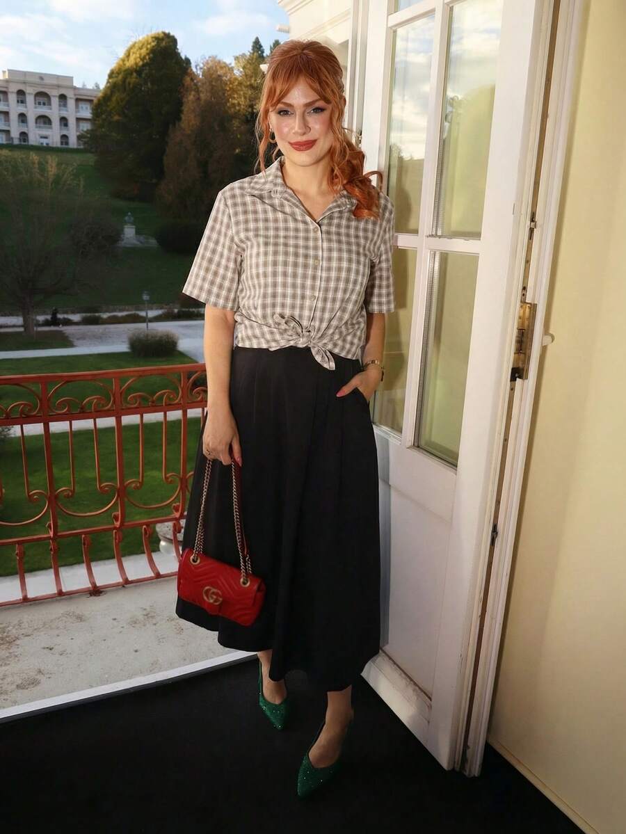 Gretanique Streetwear 女式格子拉链口袋短袖衬衫 - 卡其色 - 查看 1