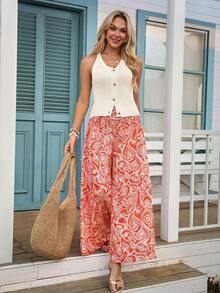 SHEIN LUNE Women's Casual Retro Print High Waist Wide Leg Pants, Suitable For Spring/Summer Vacation - Red - View 5