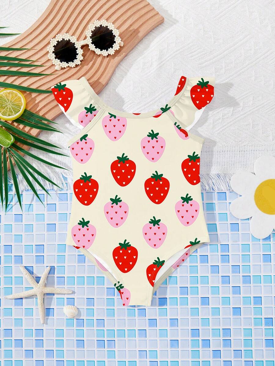 SHEIN Cute Summer Strawberry Print, Vacation Beach, #Coconutgirl, Baby Girls Casual Slim-Fit Bodysuit Swimsuit Suitable For Summer, Princess Chic, Little Stars, Baby Girl Swimwear, Vacay Romance Fruit Print Swimsuit For Girls Strawberry Swimsuit For Toddler Girls Baby Strawberry Swimsuit Girls Strawberry Swimsuit Baby Fruit Swimsuit - Multicolor - View 1
