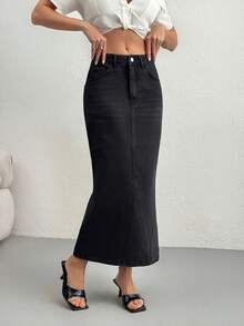EURMUSE High Waist Front Slit Midi Denim Skirt - Black - View 4