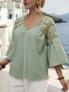 Linhara CURVE Camisa casual de mujer de talla grande con parches de encaje floral verde fresco, primavera/verano - Verde - Ver 5