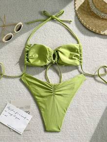 Swim Mod Women's Spring/Summer New Avocado Green Halter Drawstring Beaded Backless Bikini Two Pieces Swimsuit - Green - View 6