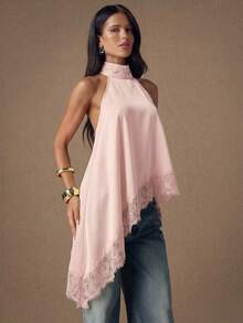 SHEIN BAE Atasan kamisol satin model halter tanpa punggung dengan patchwork renda elegan, cocok untuk pesta, koktail, acara formal, Natal, dan kasual bisnis. - Coral Pink - View 5