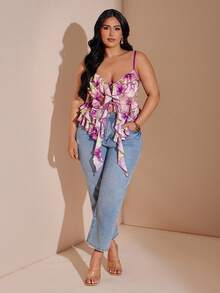 SHEIN BAE Débardeur à imprimé floral avec ourlet à volants pour grandes tailles - Multicolore - Voir 4