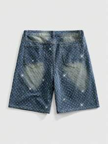 ROMWE MEN Street Life Quần short denim nam kiểu dáng thường ngày, đính kim cương lấp lánh và có túi. - Màu xanh lam - Xem 3