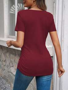 EMERY ROSE Casual Solid Color Ruched T-Shirt, Versatile For Summer Occasion Dark Burgundy - Red - View 2