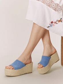 Styleloop Women's Slope Heel Platform Sandals, Summer Open-Toed Bohemian Vacation Sandals, Hemp Rope Woven Roman Beach Sandals, Buckle Dress Shoes, Suitable For Vacation Season, Spring And Summer, Bohemian Style, Vacation Wear, Travel Essentials - Blue - View 3