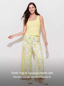 LUVLETTE Women's Soft Yellow Lemon Pattern Sleep Set Light - Sleeveless Camisole & Wide-Leg Pants Print Pajama Set Pyjama - Yellow - View 2