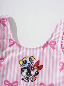 THE POWERPUFF GIRLS X SHEIN Tween Girl Striped Bow Cartoon Print One-Piece Swimsuit - Baby Pink - View 6