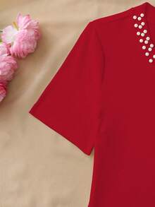 SHEIN Franclia 女士时尚珍珠领连体衣，休闲度假连体衣，春夏连体衣 - 紅色 - 查看 6