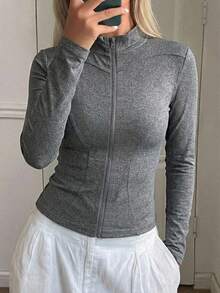 DAZY 女士长袖修身休闲运动开衫上衣，街头风轻薄夏季外套 - 灰色 - 查看 2