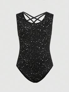 SHEIN Tween Girls' Activewear Set, Casual Sports Gymnastics Yoga Shiny Elegant High Stretch Foil Knit Racerback Unitard & Leggings, Black - Black - View 3