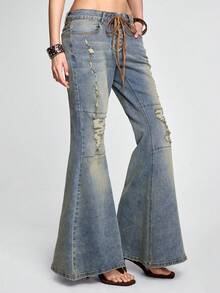 ROMWE Y2K Quần jeans ống rộng cạp cực thấp kiểu vintage rách rưới thời kỳ đầu những năm 2000. - Màu xanh lam - Xem 4
