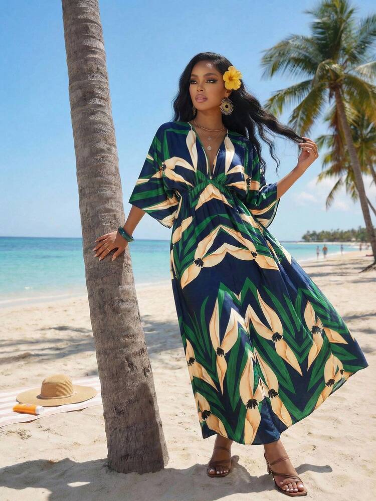 SHEIN Lady 女士度假沙滩植物印花连衣裙 - 彩色 - 查看 6