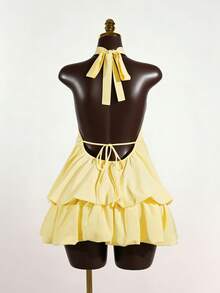 SaltGleam SaltGleam Summer Solid Color Backless Halter Neck Sexy Dress - Yellow - View 2