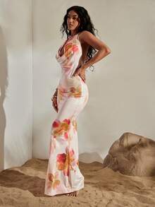 Opulessa Spring & Summer Vacation Knit Printed Halter Backless Dress For Women Holiday ,Going Out, Party, Beach - Multicolor - View 2