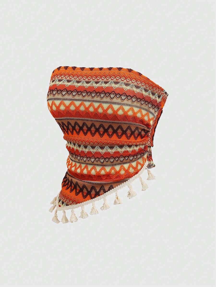 Sweetra 女士波西米亚风橙色波浪纹流苏下摆抹胸上衣，春夏款 - 彩色 - 查看 1