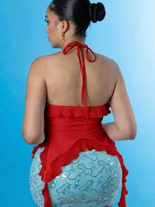 Melissa Matos 浪漫红色荷叶边丝带和 3D 花朵领带上衣女士上衣音乐会女装性感服装 - 紅色 - 查看 2