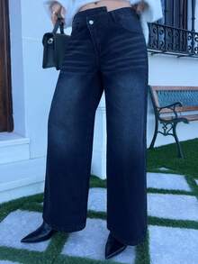 Hitanina 女式低腰设计腰带直筒牛仔裤 - 黑色 - 查看 3