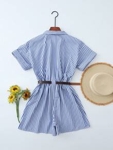 GlowEve Bộ jumpsuit nữ màu xanh trắng kẻ sọc, cổ chữ V, hai túi, tay áo xắn lên, thắt lưng chun, quần short, thanh lịch và tinh tế, thích hợp cho lễ Phục sinh, Ngày động, sinh nhật, hẹn hò, tiệc tùng, các dịp trang trọng, trang phục giáo viên, du lịch, phong cách đường phố, mùa xuân/hè. - Xanh và trắng - Xem 2