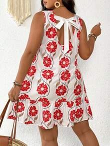 SHEIN Frenchy 大码女式夏季度假印花无袖荷叶边宽松连衣裙 - 紅色 - 查看 1