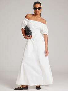 NYA SZN Vestido Longo com Ombros à Mostra e Costura em Contraste - Branco - Visão 4